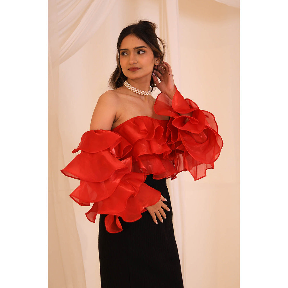 ROSA DAME Red Lunara Organza Ruffle Off-Shoulder Top with Tie-Back