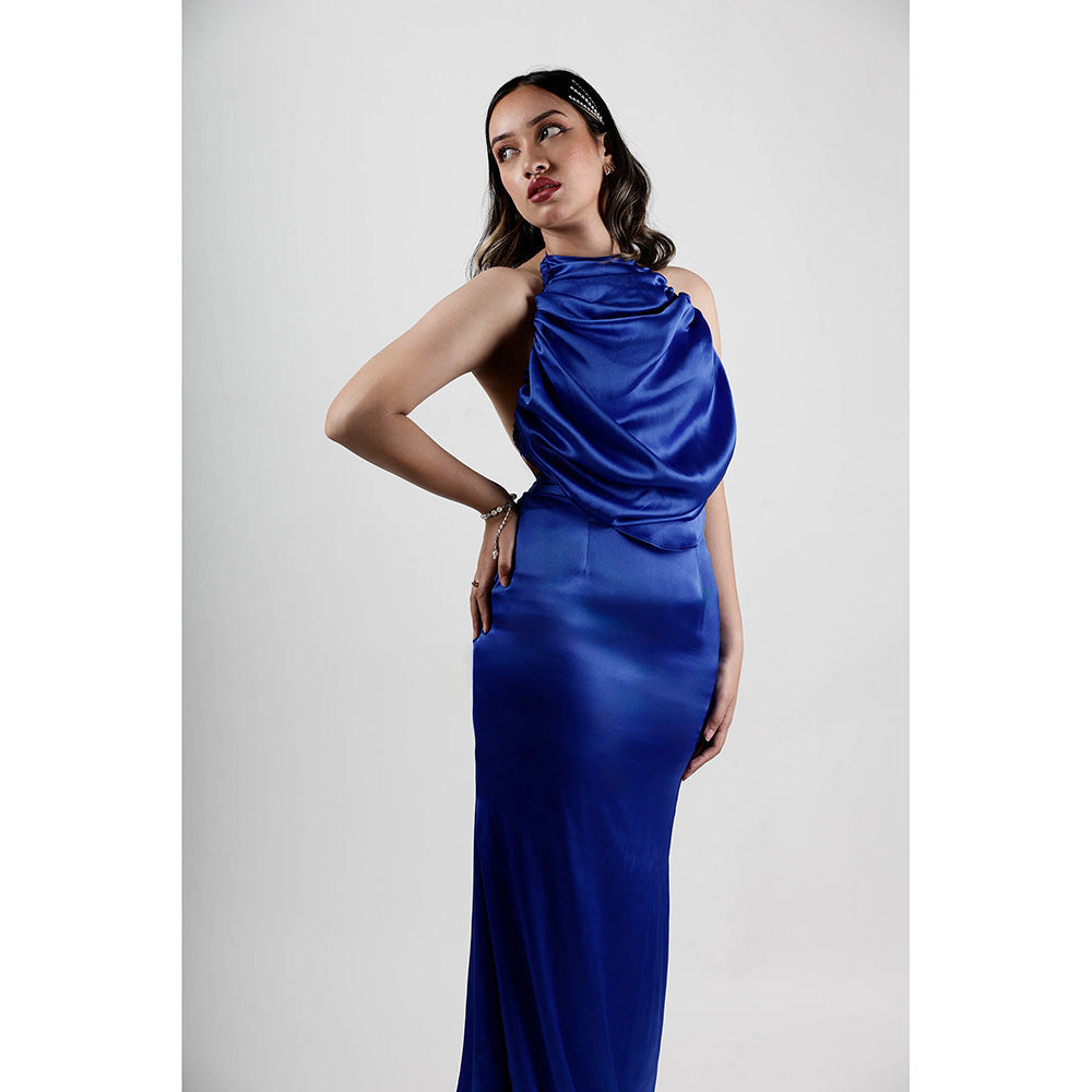 ROSA DAME Royal Blue Satin Halter Top with Open Back Tie Detail