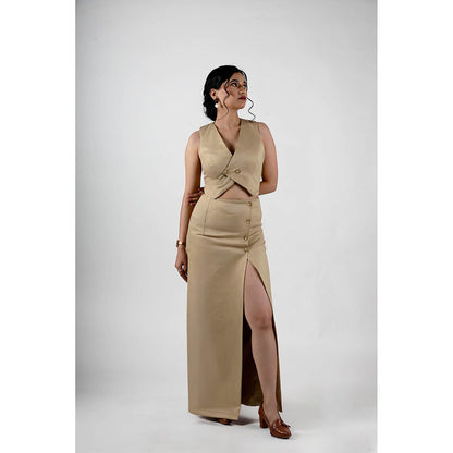 ROSA DAME Fiora Sand Beige Structured Twill Crop Top with Double Busted Button Front