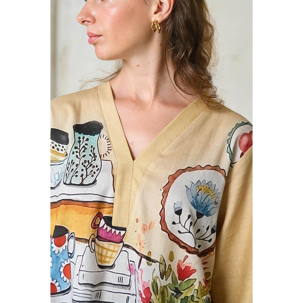 Roza Pret Beige Printed High Tea Co-Ord (Set of 2)