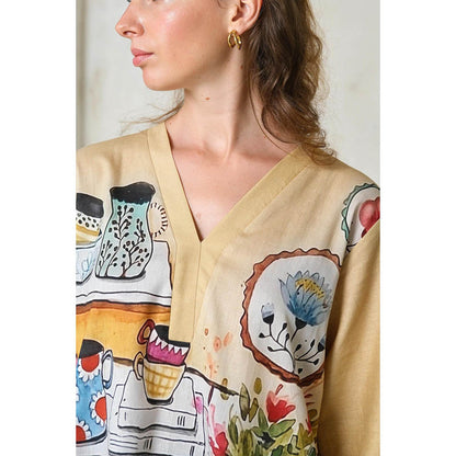 Roza Pret Beige Printed High Tea Co-Ord (Set of 2)