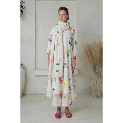 Roza Pret White Floral Amelia Long Kurta with Pant (Set of 2)