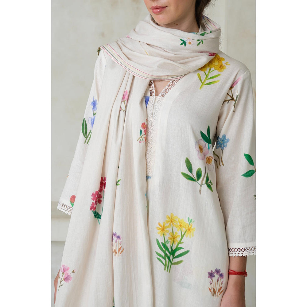Roza Pret White Floral Amelia Long Kurta with Pant (Set of 2)