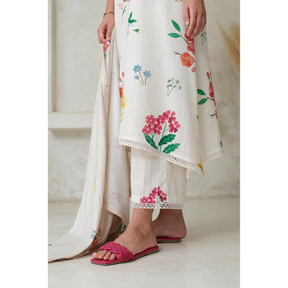 Roza Pret White Floral Amelia Long Kurta with Pant (Set of 2)