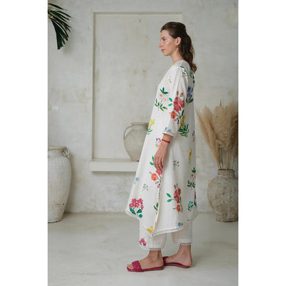 Roza Pret White Floral Amelia Long Kurta with Pant (Set of 2)