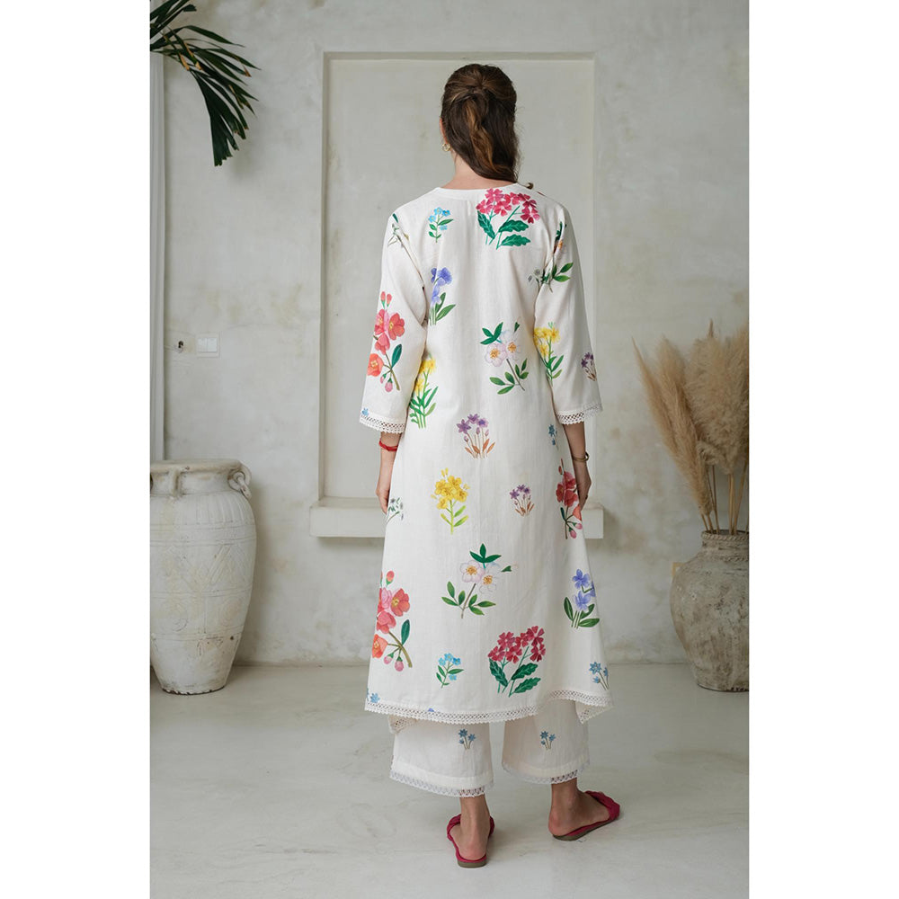 Roza Pret White Floral Amelia Long Kurta with Pant (Set of 2)