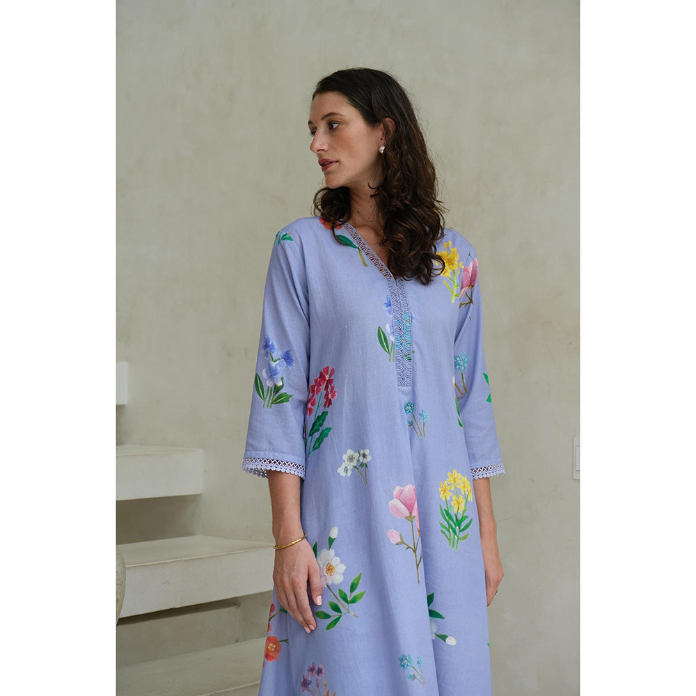 Roza Pret Blue Floral Amelia Long Kurta with Pant (Set of 2)