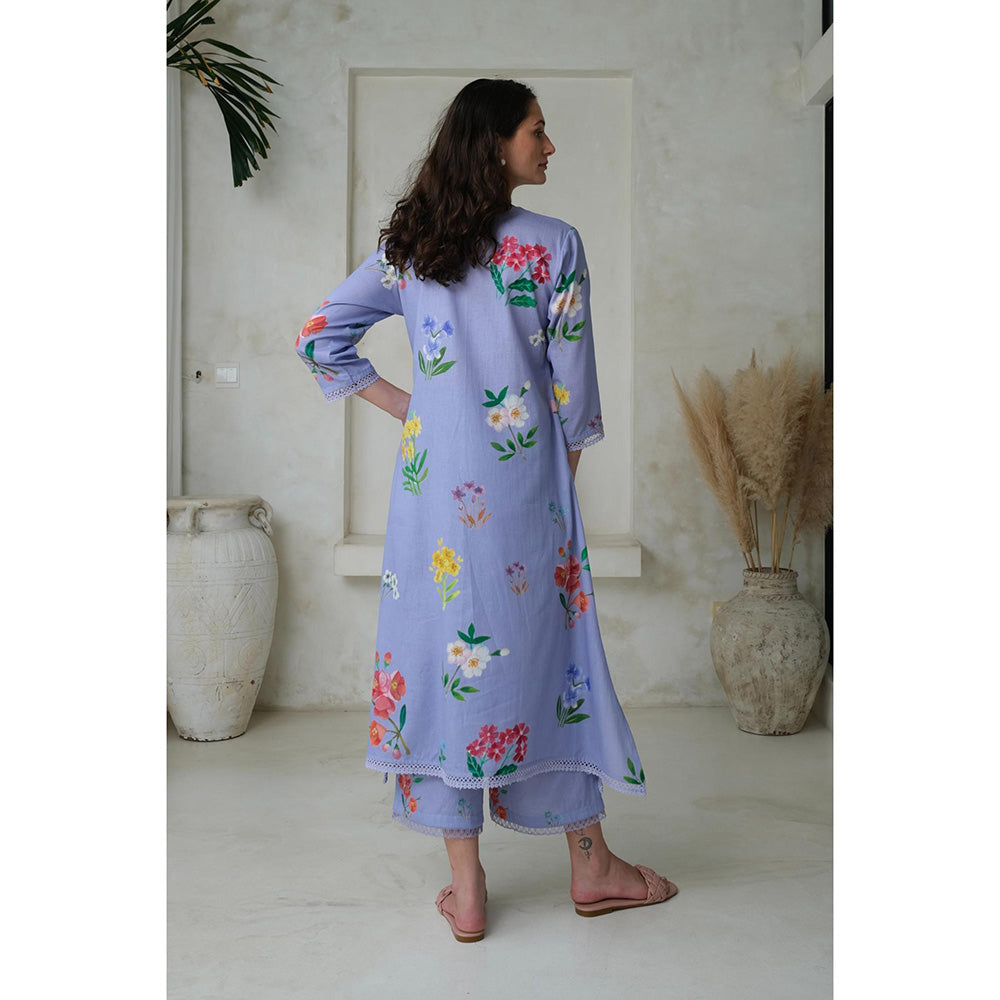 Roza Pret Blue Floral Amelia Long Kurta with Pant (Set of 2)