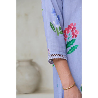 Roza Pret Blue Floral Amelia Long Kurta with Pant (Set of 2)