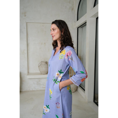 Roza Pret Blue Floral Amelia Long Kurta with Pant (Set of 2)