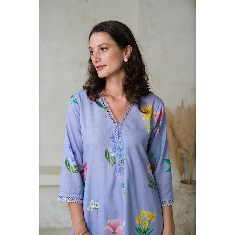 Roza Pret Blue Floral Amelia Long Kurta with Pant (Set of 2)