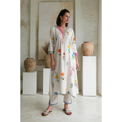 Roza Pret White Printed Marigold Kurta with Pant (Set of 2)