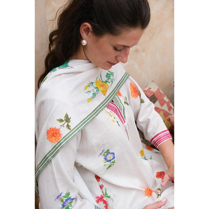 Roza Pret White Printed Marigold Kurta with Pant (Set of 2)