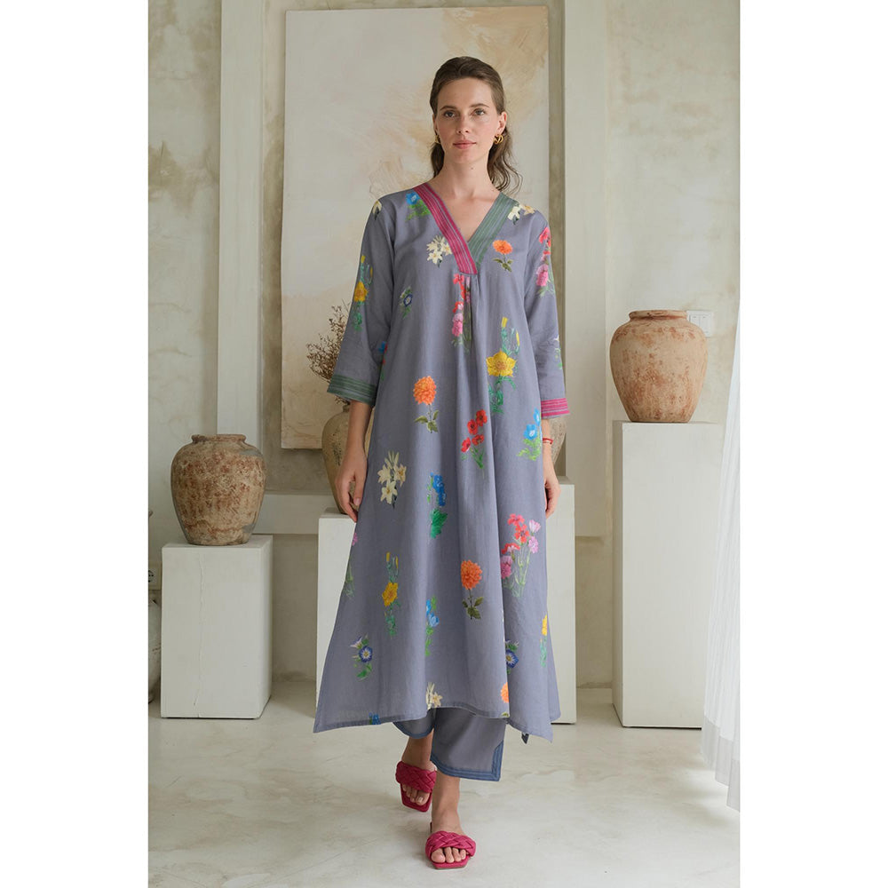 Roza Pret Grey Printed Marigold Kurta with Pant (Set of 2)