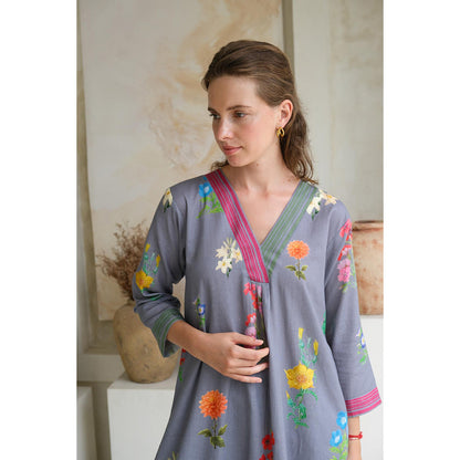 Roza Pret Grey Printed Marigold Kurta with Pant (Set of 2)