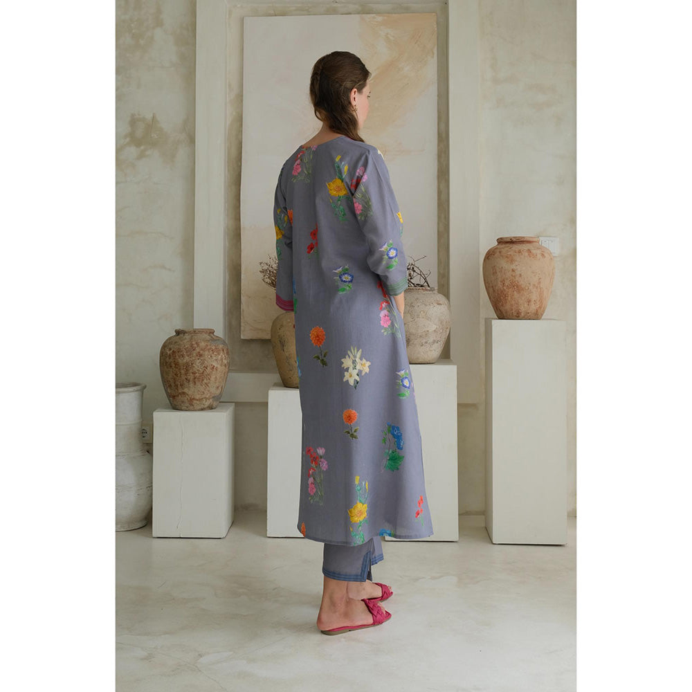 Roza Pret Grey Printed Marigold Kurta with Pant (Set of 2)