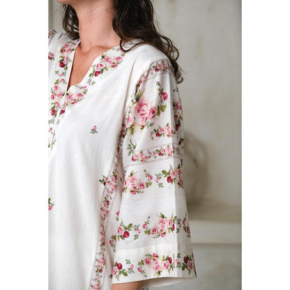 Roza Pret White Floral Rose Noir Phiran Kurta with Salwar (Set of 2)