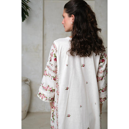 Roza Pret White Floral Rose Noir Phiran Kurta with Salwar (Set of 2)