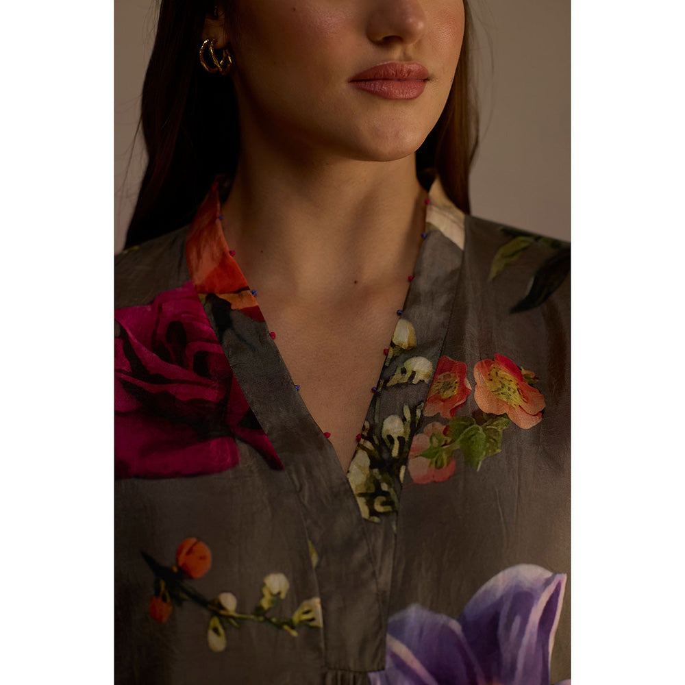 Roza Olive Iris Floral Printed Long Kurta with Pant (Set of 2)