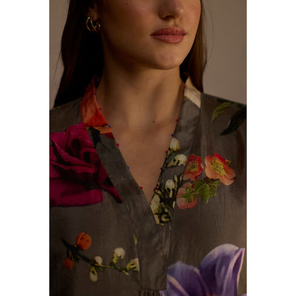 Roza Olive Iris Floral Printed Long Kurta with Pant (Set of 2)