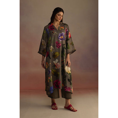Roza Olive Iris Floral Printed Long Kurta with Pant (Set of 2)