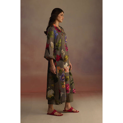 Roza Olive Iris Floral Printed Long Kurta with Pant (Set of 2)