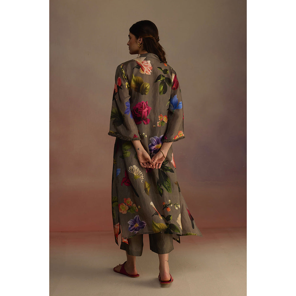 Roza Olive Iris Floral Printed Long Kurta with Pant (Set of 2)