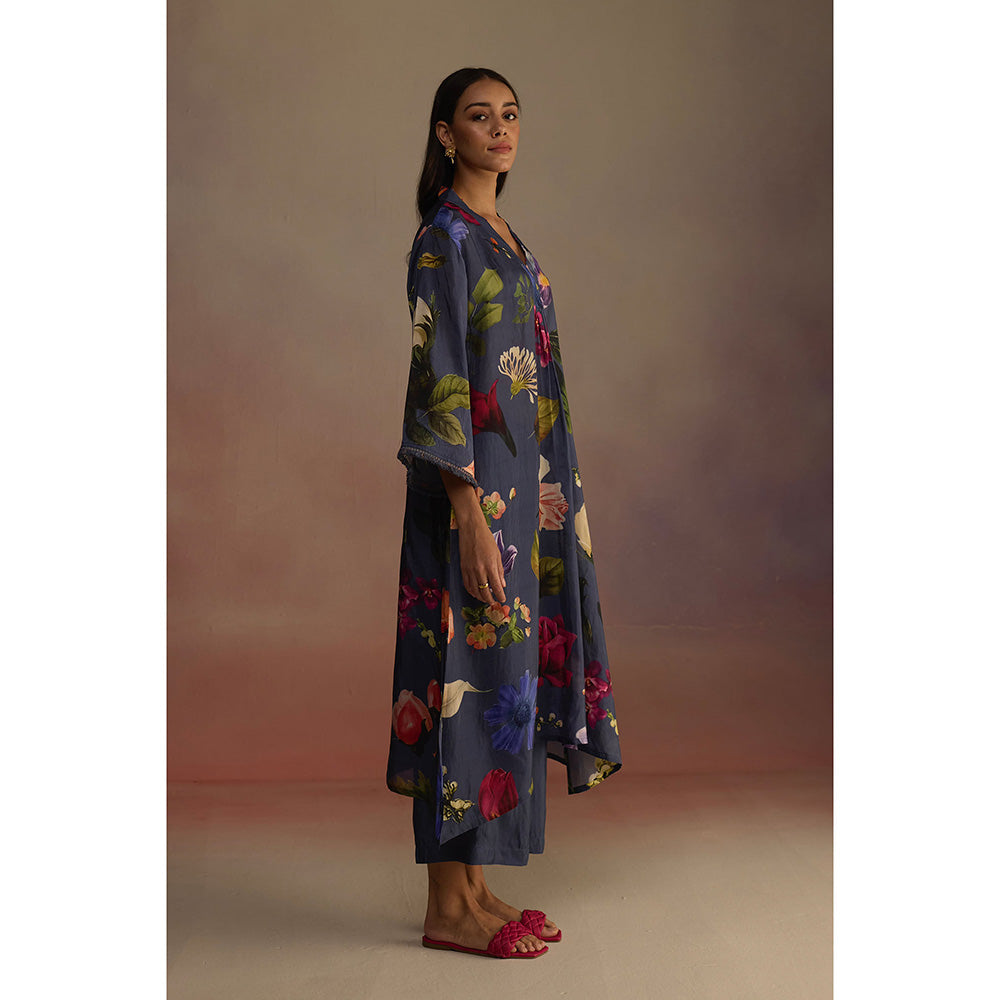 Roza Navy Blue Iris Floral Printed Long Kurta with Pant (Set of 2)