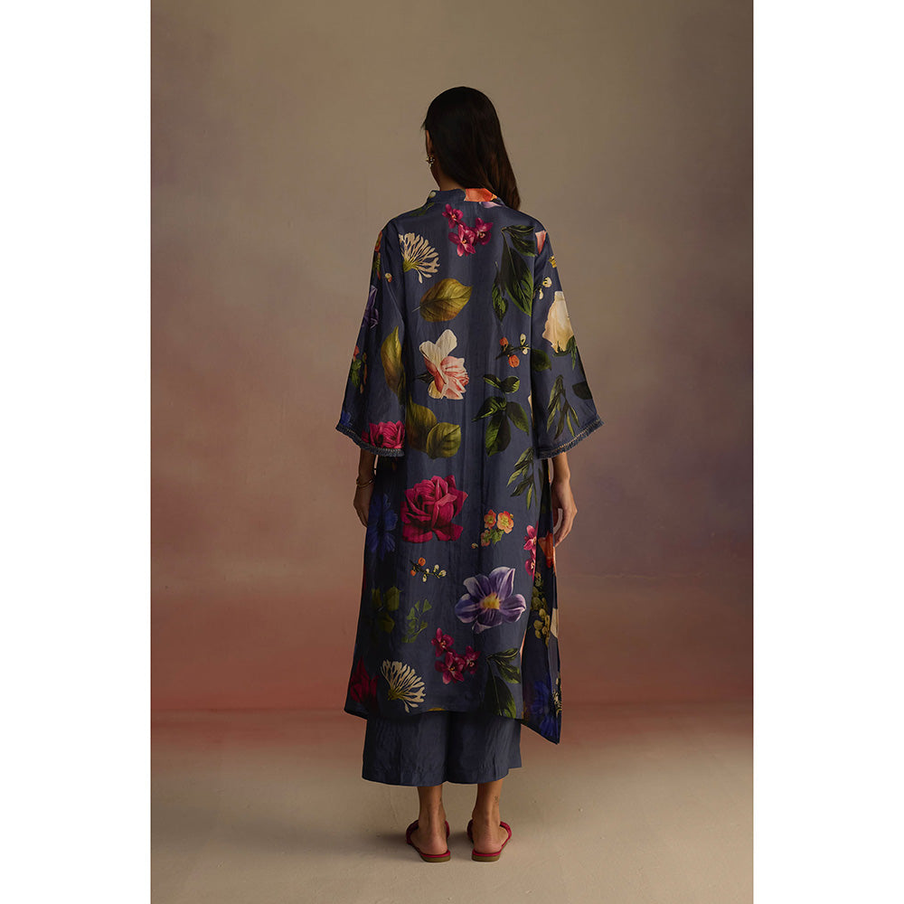 Roza Navy Blue Iris Floral Printed Long Kurta with Pant (Set of 2)