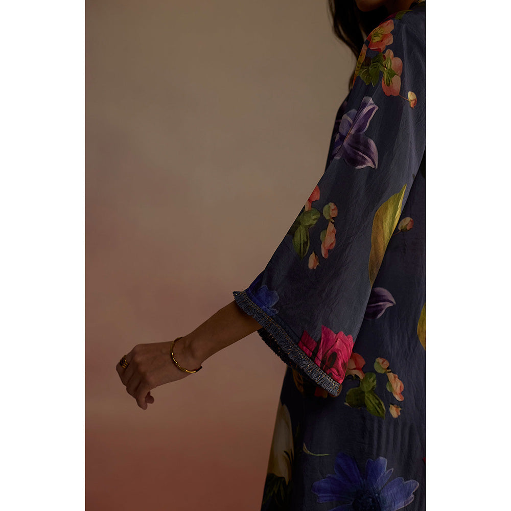 Roza Navy Blue Iris Floral Printed Long Kurta with Pant (Set of 2)