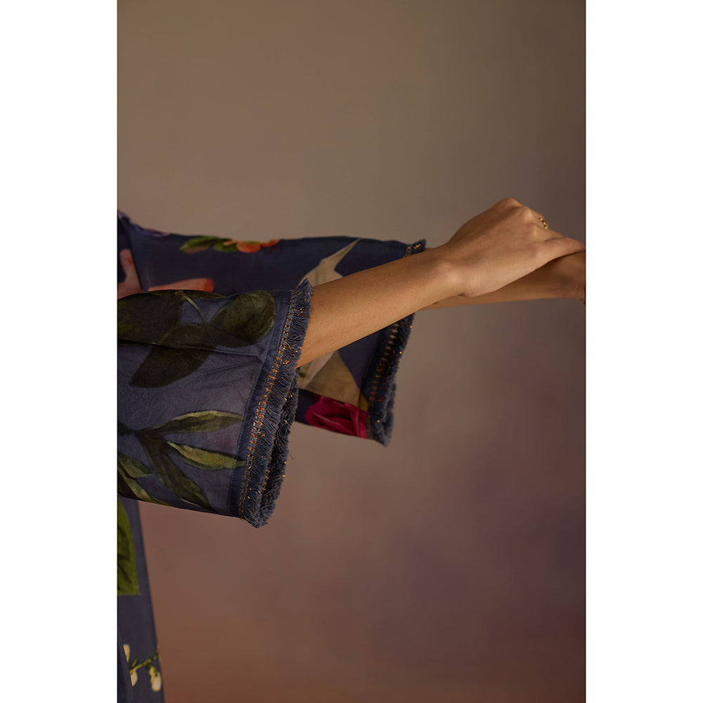 Roza Navy Blue Iris Floral Printed Long Kurta with Pant (Set of 2)