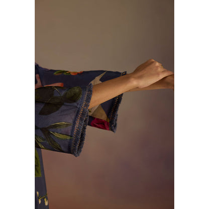 Roza Navy Blue Iris Floral Printed Long Kurta with Pant (Set of 2)