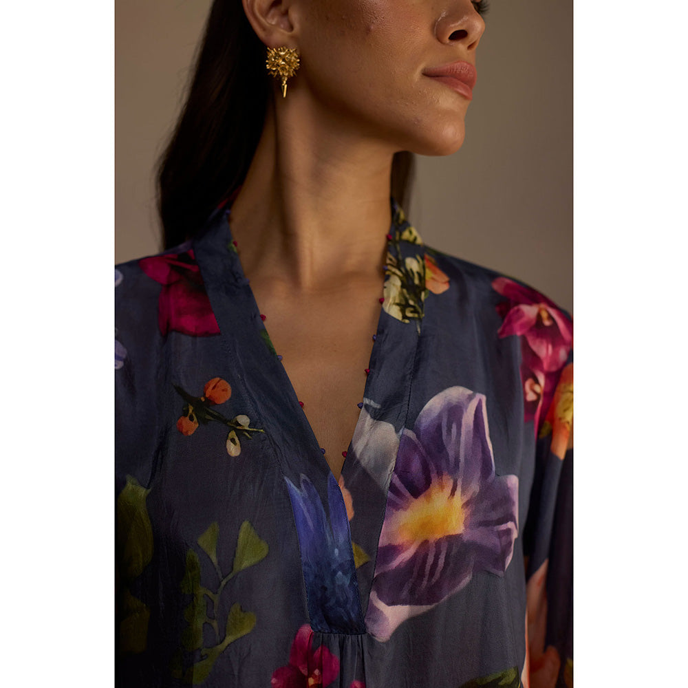 Roza Navy Blue Iris Floral Printed Long Kurta with Pant (Set of 2)