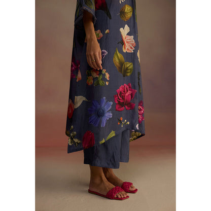 Roza Navy Blue Iris Floral Printed Long Kurta with Pant (Set of 2)