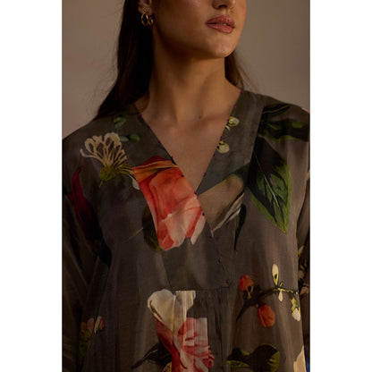 Roza Olive Iris Floral Printed Short Kurta with Pant (Set of 2)