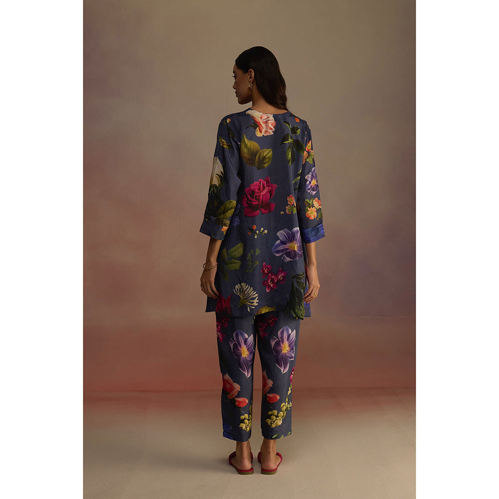 Roza Navy Blue Iris Floral Printed Short Kurta with Pant (Set of 2)