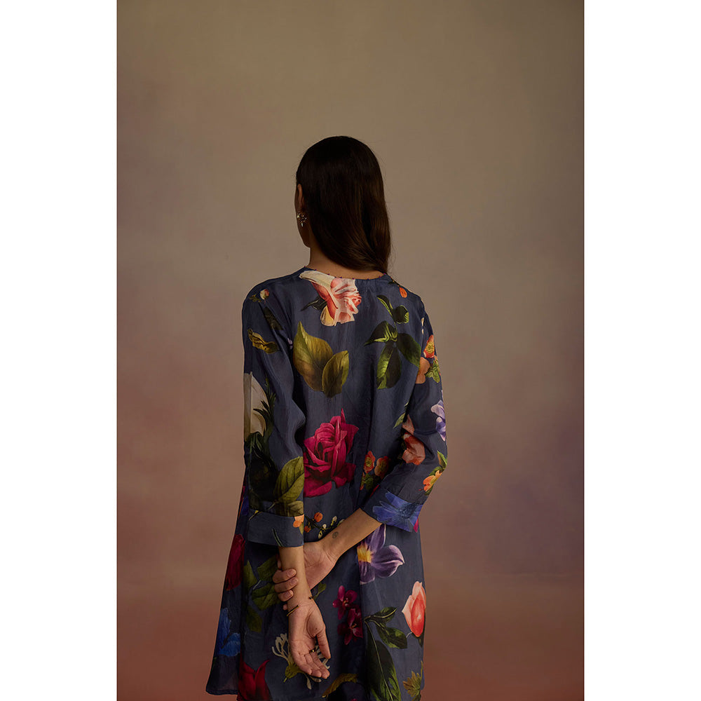 Roza Navy Blue Iris Floral Printed Short Kurta with Pant (Set of 2)