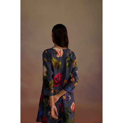 Roza Navy Blue Iris Floral Printed Short Kurta with Pant (Set of 2)