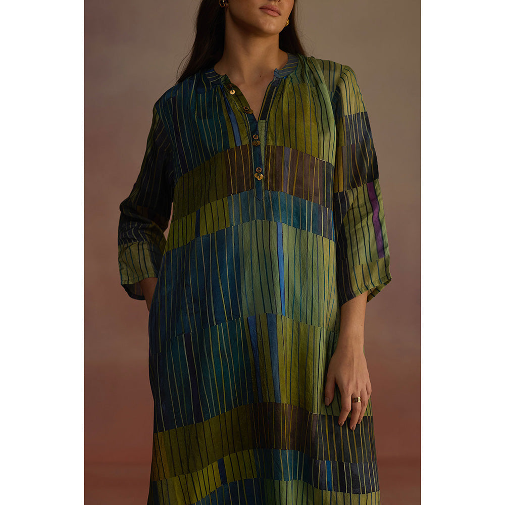Roza Green Trellis Stripes Kurta with Pant (Set of 2)