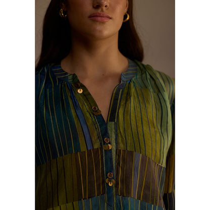 Roza Green Trellis Stripes Kurta with Pant (Set of 2)