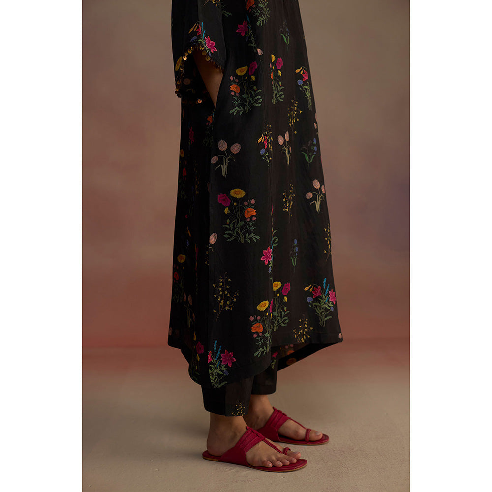 Roza Black Zaira Floral Print Long Kurta with Pant (Set of 2)
