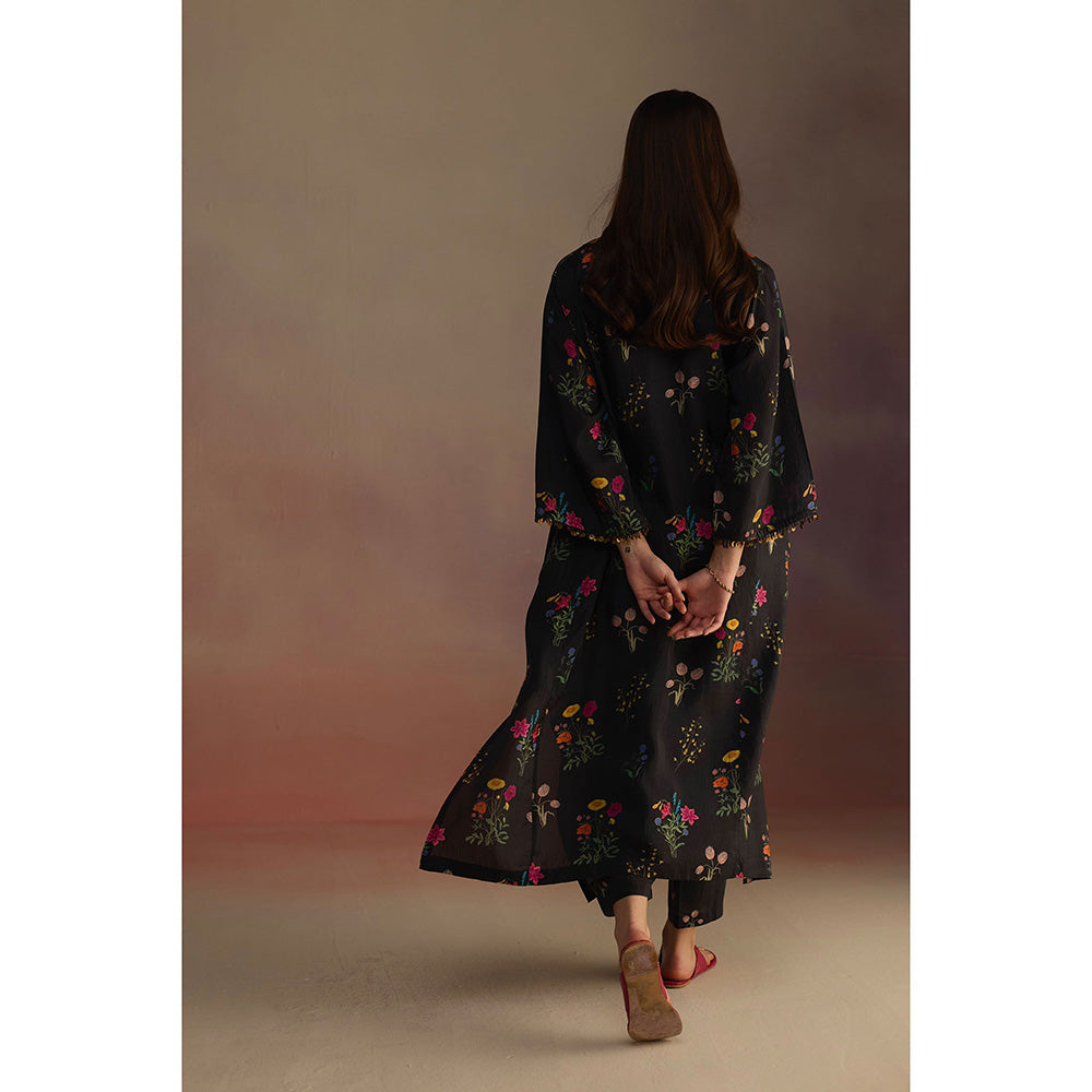 Roza Black Zaira Floral Print Long Kurta with Pant (Set of 2)