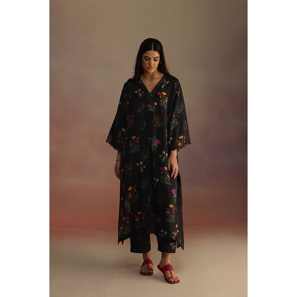 Roza Black Zaira Floral Print Long Kurta with Pant (Set of 2)