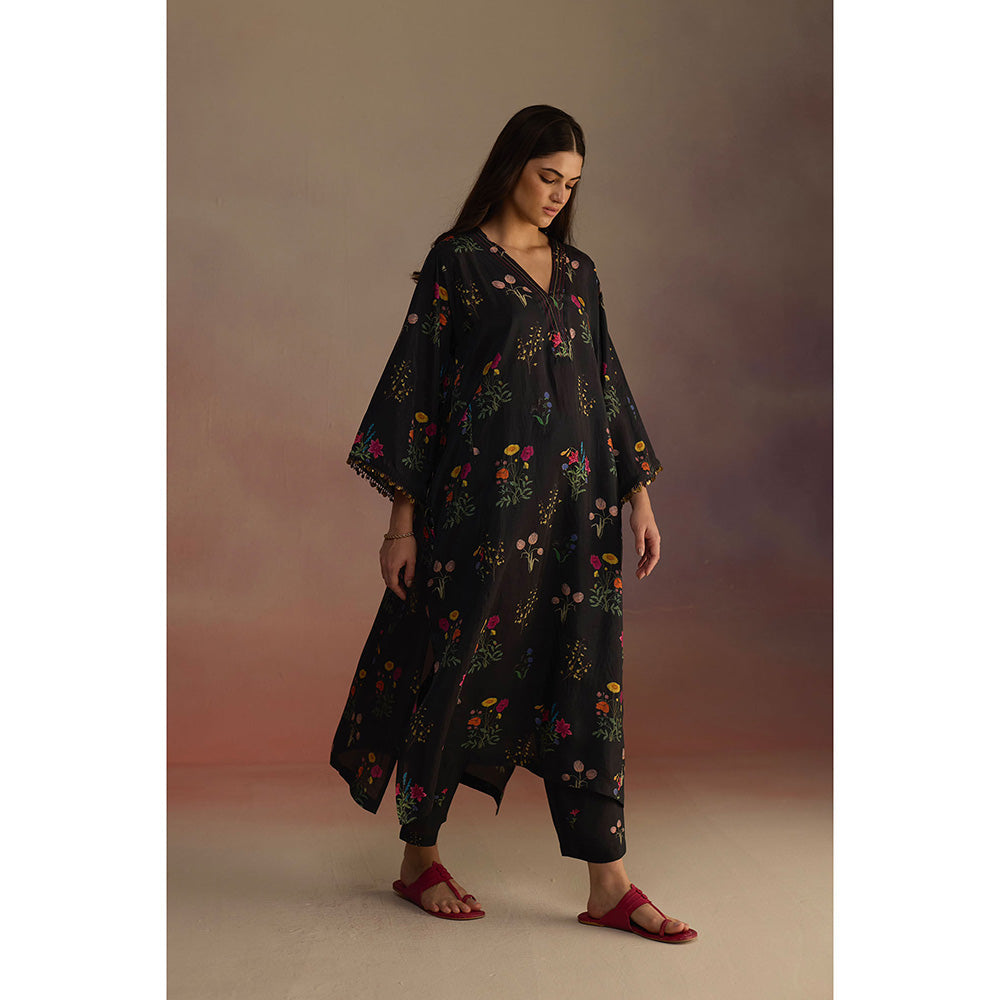 Roza Black Zaira Floral Print Long Kurta with Pant (Set of 2)