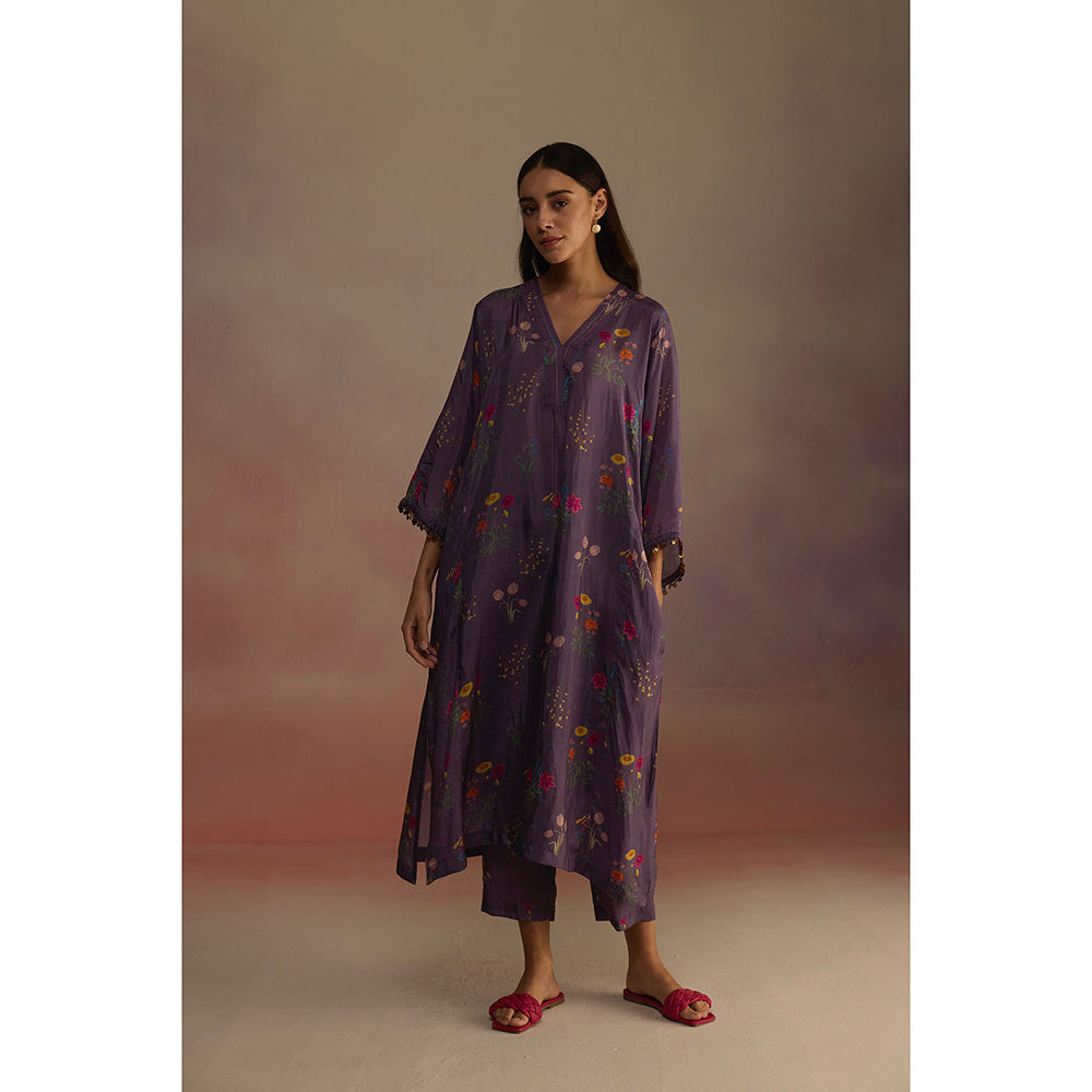 Roza Purple Zaira Floral Print Long Kurta with Pant (Set of 2)