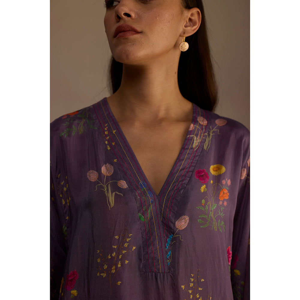 Roza Purple Zaira Floral Print Long Kurta with Pant (Set of 2)