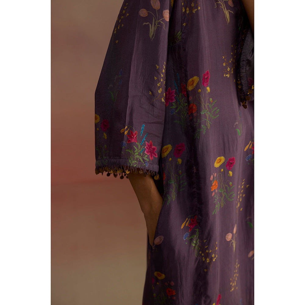 Roza Purple Zaira Floral Print Long Kurta with Pant (Set of 2)