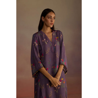 Roza Purple Zaira Floral Print Long Kurta with Pant (Set of 2)