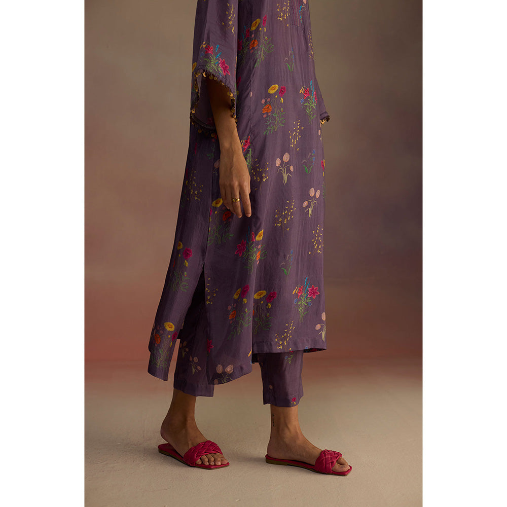 Roza Purple Zaira Floral Print Long Kurta with Pant (Set of 2)