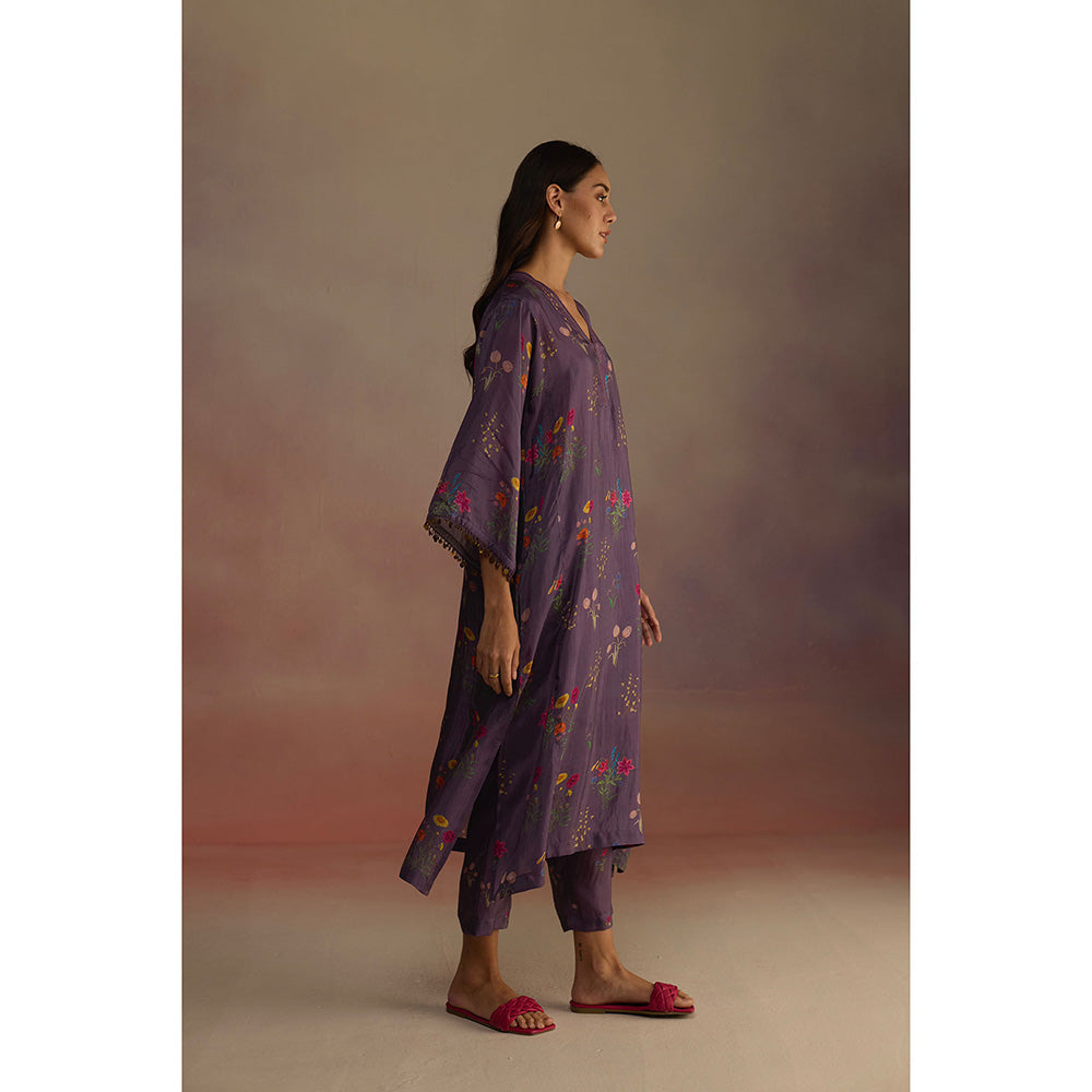 Roza Purple Zaira Floral Print Long Kurta with Pant (Set of 2)